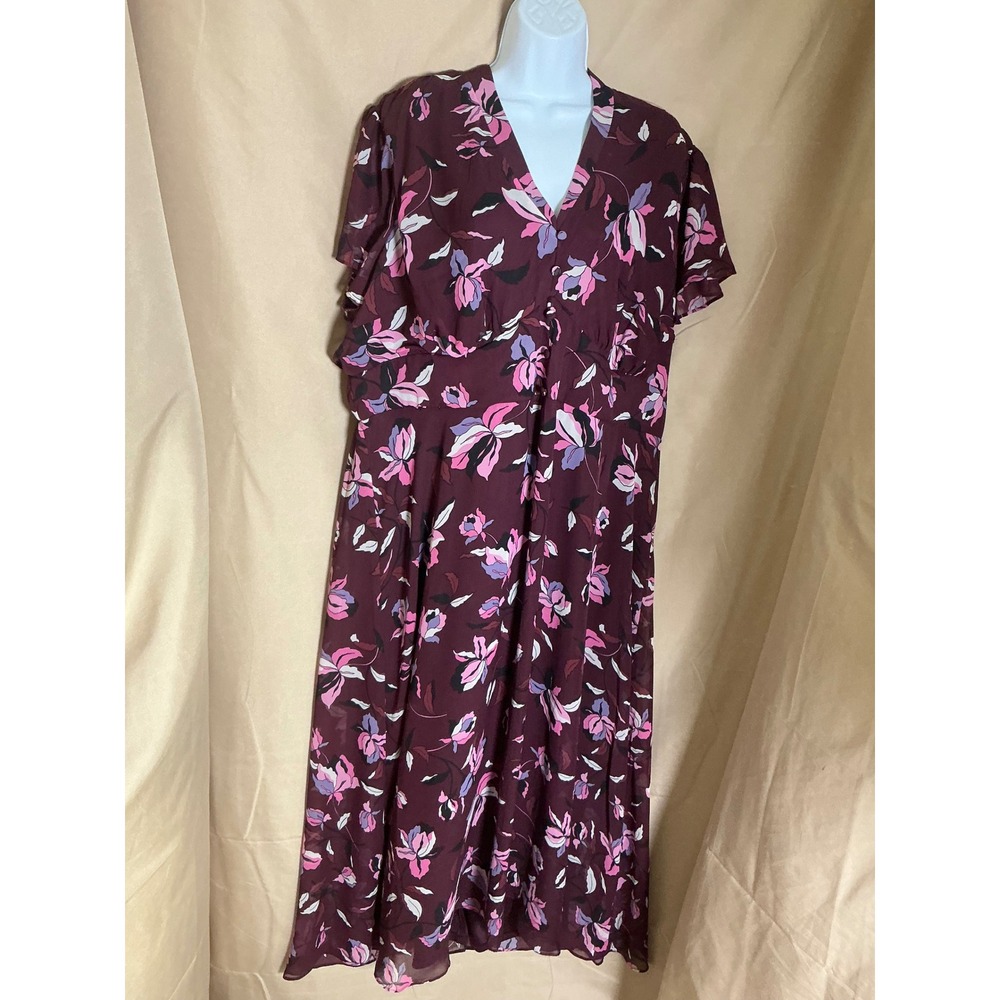 Lane Bryant Floral Chiffon Midi Dress Womens 22 Burgundy Pink Excellent V-Neck